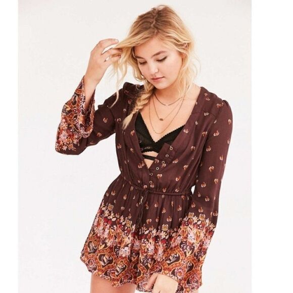 Urban Outfitters Helena Romper Size XS Brown Orange Boho - Picture 1 of 6